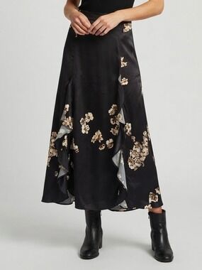 Little Moon Belladonna Ruffled Midi Skirt Size 0 Black Floral Aritzia
